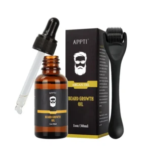 Beard Growth Oil and Derma Roller Kit, APPTI Argan Oil & Ginger Root Serum for Thicker Facial Hair, 30ml